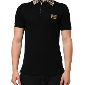 Dolce & Gabbana Black Cotton Leopard Collar Polo T-shirt