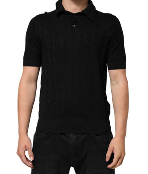 Dolce &amp; Gabbana Black Silk Jacquard DG Polo Shirt T-shirt