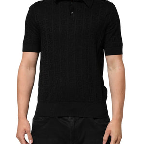 Dolce & Gabbana Black Silk Jacquard DG Polo Shirt T-shirt