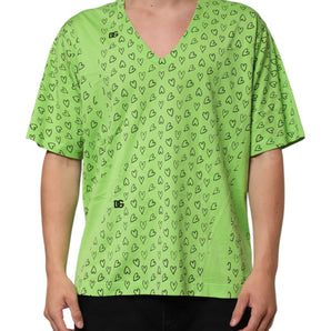 Dolce & Gabbana Green V-Neck DG Logo Heart Print T-shirt
