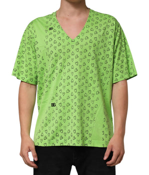 Dolce &amp; Gabbana Green V-Neck DG Logo Heart Print T-Shirt