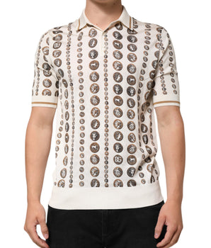 Dolce &amp; Gabbana Silk Ivory Coin Print Logo Men Polo T-shirt