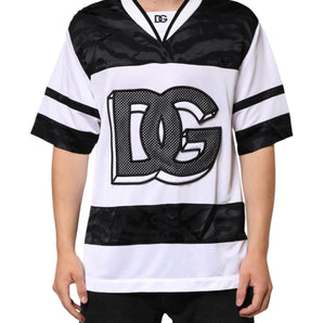 Dolce & Gabbana White Black Polyester DG Logo Mesh Jersey T-shirt