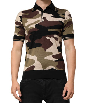 Dolce &amp; Gabbana Camouflage Brown Silk Military Polo T-Shirt