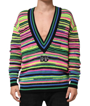 Dolce &amp; Gabbana Multicolor DG Logo V-Neck Knit Pullover Sweater