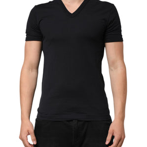 Dolce & Gabbana Black Cotton Plain V-Neck Men Shirt T-shirt