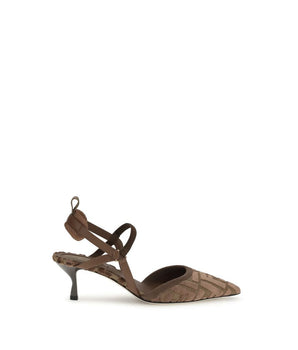 Fendi Brown Fabric Mid Heel Pumps
