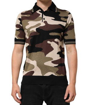 Dolce &amp; Gabbana Camouflage Brown Silk Military Polo T-Shirt