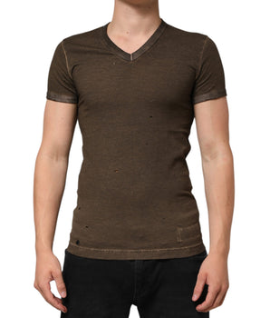 Dolce &amp; Gabbana Dark Brown Cotton Tattered Logo Men T-shirt
