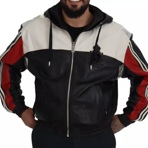 Dolce & Gabbana Black Leather Hooded Blouson Jacket