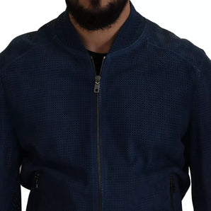 Dolce & Gabbana Blue Leather Perforated Full Zip Jacket