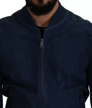 Dolce &amp; Gabbana Blue Leather Perforated Full Zip Jacket