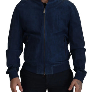 Dolce & Gabbana Blue Leather Perforated Full Zip Jacket