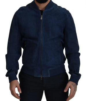 Dolce &amp; Gabbana Blue Leather Perforated Full Zip Jacket