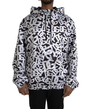 Dolce &amp; Gabbana White Black Logo Hooded Full Zip Bomber Jacket