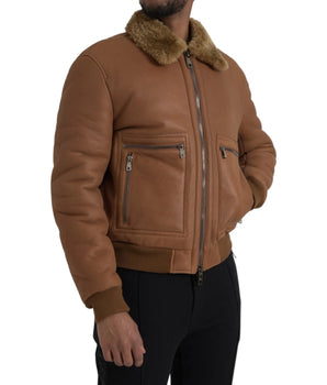 Dolce &amp; Gabbana Brown Leather Fur Button Biker Coat Jacket