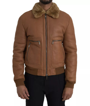 Dolce &amp; Gabbana Brown Leather Fur Button Biker Coat Jacket