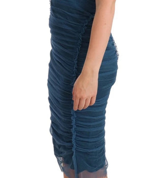 Dolce &amp; Gabbana Blue Mesh Trim Ruched Tulle Sheath Dress