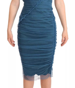Dolce &amp; Gabbana Blue Mesh Trim Ruched Tulle Sheath Dress