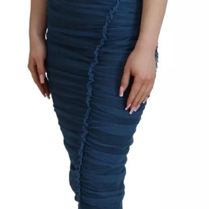 Dolce & Gabbana Blue Mesh Trim Ruched Tulle Sheath Dress