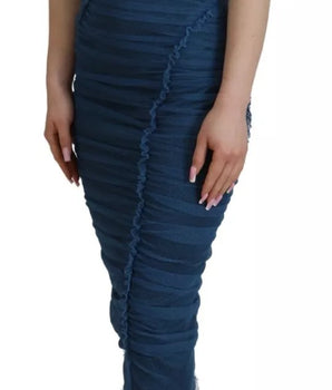 Dolce &amp; Gabbana Blue Mesh Trim Ruched Tulle Sheath Dress