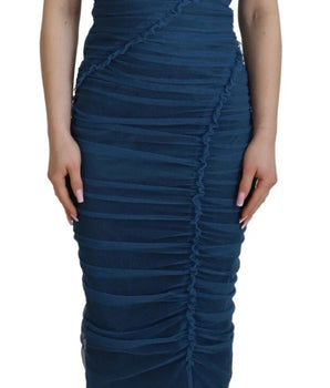 Dolce &amp; Gabbana Blue Mesh Trim Ruched Tulle Sheath Dress