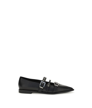 PINKO Black Calf Leather Bos Taurus Ballet Flats