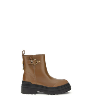 PINKO Beige Calf Leather Bos Taurus Ankle Boots