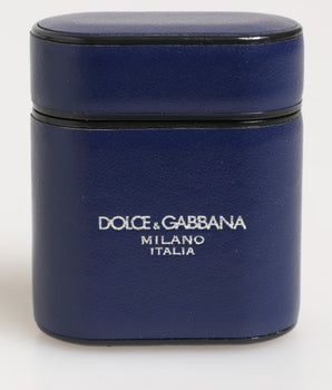 Dolce &amp; Gabbana Blue Leather Logo Print Flip Holder Men Airpods Case