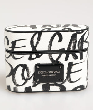Dolce &amp; Gabbana Black White Leather Monogram Print Logo Holder Airpods Case