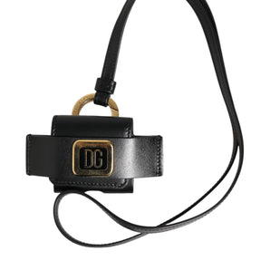 Dolce & Gabbana Black Leather Strap Gold Metal DG Logo Plaque Airpods Case