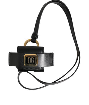 Dolce &amp; Gabbana Black Leather Strap Gold Metal DG Logo Plaque Airpods Case
