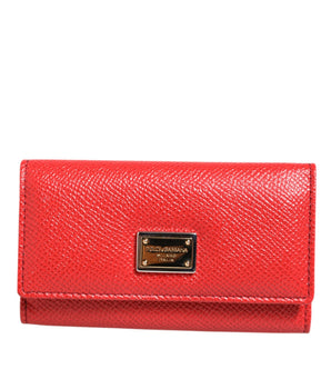 Dolce &amp; Gabbana Red Leather Silver Metal Logo Plaque Trifold Key Holder