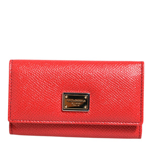 Dolce & Gabbana Red Leather Silver Metal Logo Plaque Trifold  Key Holder