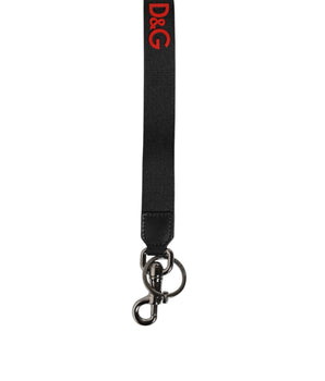 Dolce &amp; Gabbana Black Red Logo Polyester Brass Holder Keychain Keyring