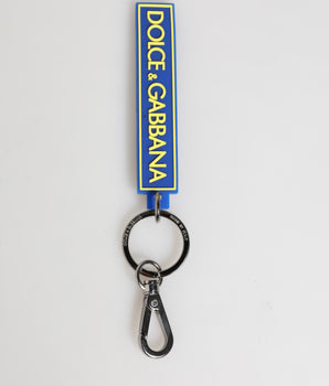 Dolce &amp; Gabbana Blue Yellow DG Rubber Logo Silver Men's Keychain Keyring