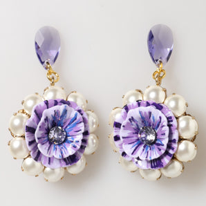 Dolce & Gabbana Purple Floral Crystal Pearl Drop Clip-On Statement Earrings