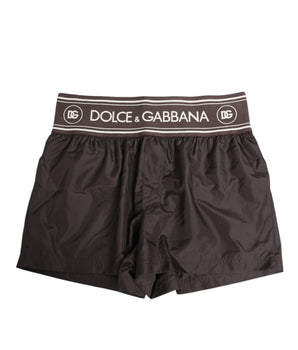 Dolce &amp; Gabbana Brown Polyester Logo Elastic Waistband Swimwear