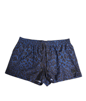 Dolce &amp; Gabbana Blue Leopard Print Polyester Elastic Waistband Swimwear