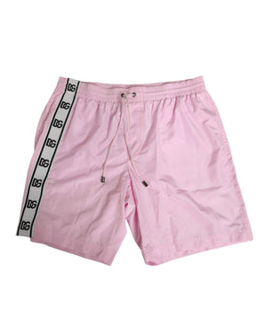 Dolce &amp; Gabbana Pink Nylon Logo Side Stripe Beachwear Men's Swimwear