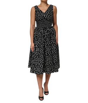 Dolce &amp; Gabbana Black White Cotton Polka Dot Print V Neck Dress