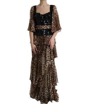 Dolce &amp; Gabbana Leopard Print Silk Sequin Ruffle Maxi Dress