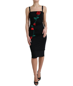 Dolce &amp; Gabbana Black Wool Sleeveless Rose Applique Dress