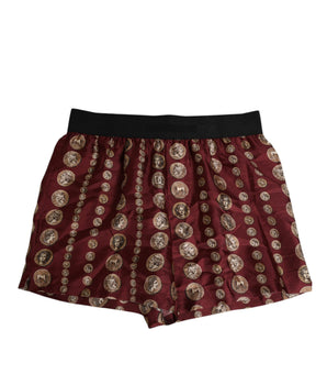 Dolce &amp; Gabbana Burgundy Silk Coin Print Mens Boxer Short Swimwear