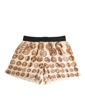 Dolce &amp; Gabbana Brown Ancient Coin Print Silk Shorts Swimwear