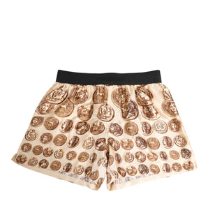 Dolce & Gabbana Brown Ancient Coin Print Silk Shorts Swimwear