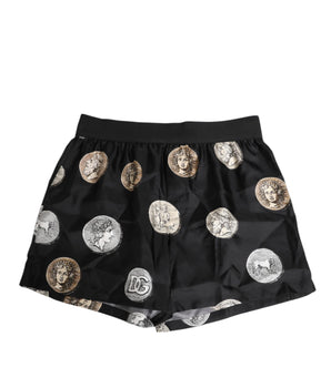 Dolce &amp; Gabbana Black Silk Ancient Coin Print Boxer Short Swimwear