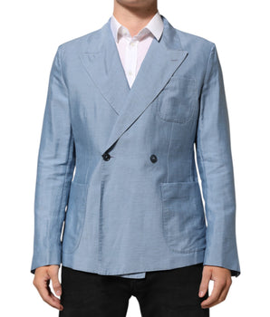 Dolce &amp; Gabbana Light Blue Linen Double Breasted Men's Blazer Jacket