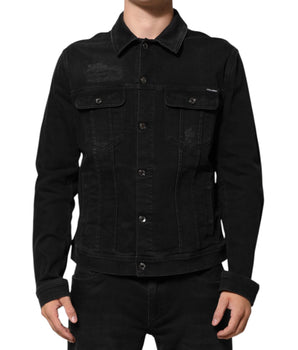 Dolce & Gabbana Black Cotton Denim Stretch Button Up Jacket