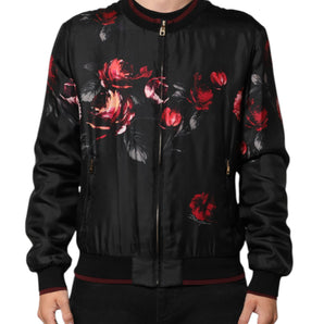 Dolce & Gabbana Black Red Floral Silk Bomber Blouson Jacket